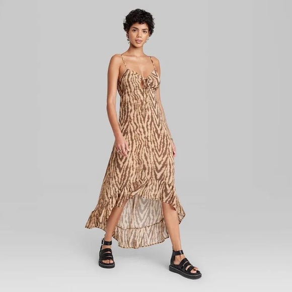 Wild Fable High Low Hem Printed Chiffon Dress in Brown & Tan Women’s Size M - Picture 3 of 9